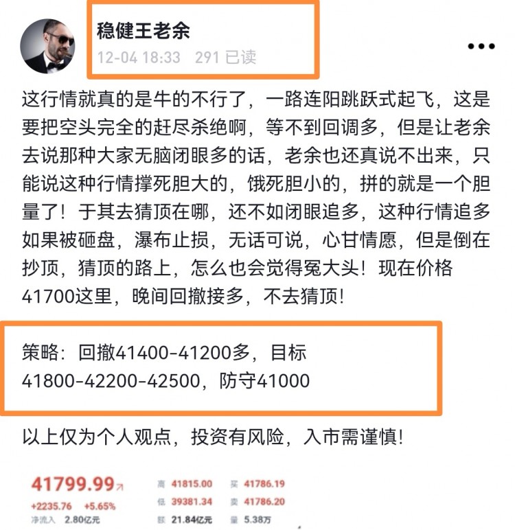 [穩(wěn)健王老余]到位！比特幣41400多單取得成功止盈于43000！