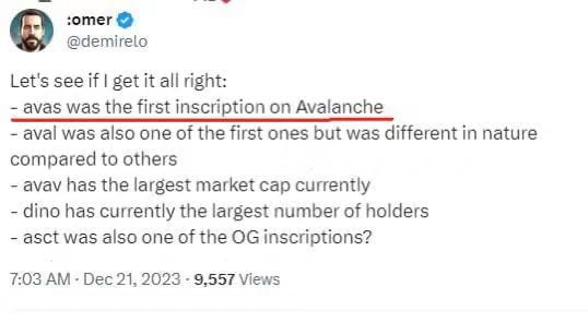 Avalanche創(chuàng)始人公開表明avas是第一個銘文