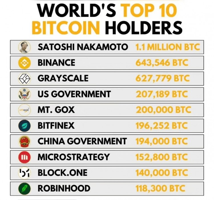 比特幣持有者錢包排名top10 中本聰錢包有110萬(wàn)BTC 幣安錢包有64萬(wàn)BTC Mt.Gox有2