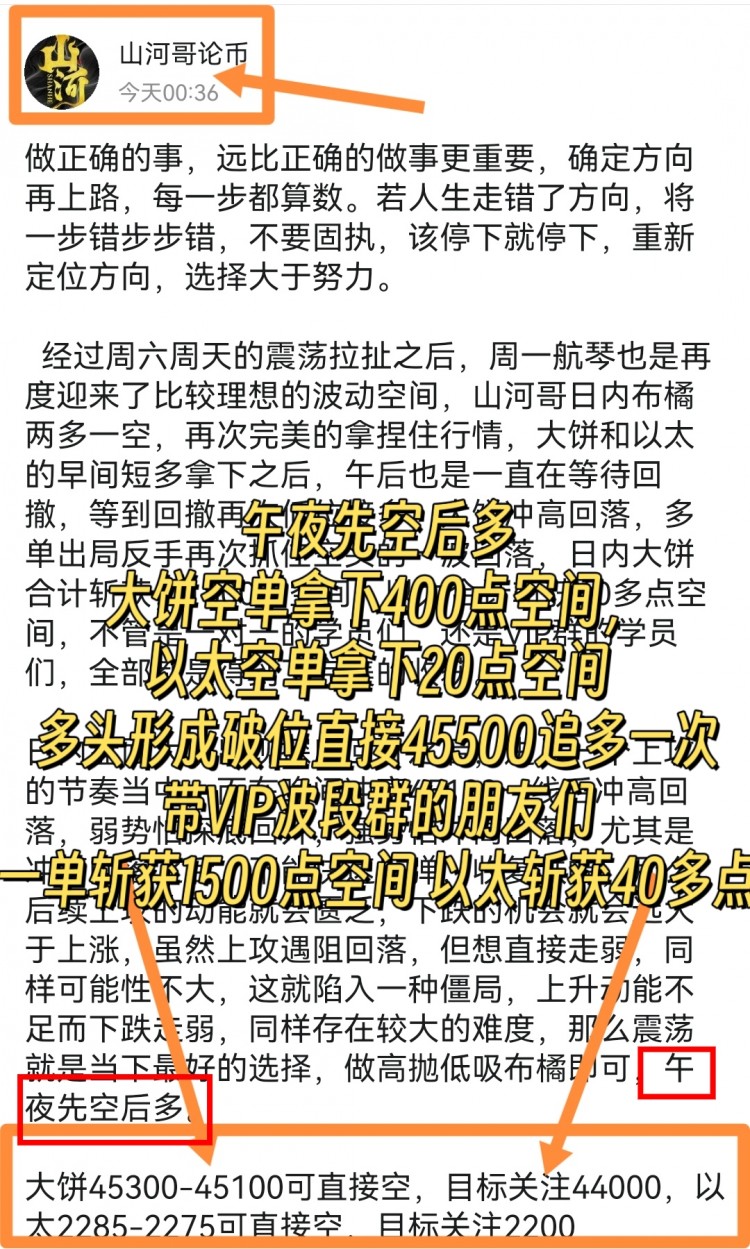 [山河論幣]山河哥論幣：午夜先空后多，如期全部得到驗(yàn)證，精準(zhǔn)拿下。