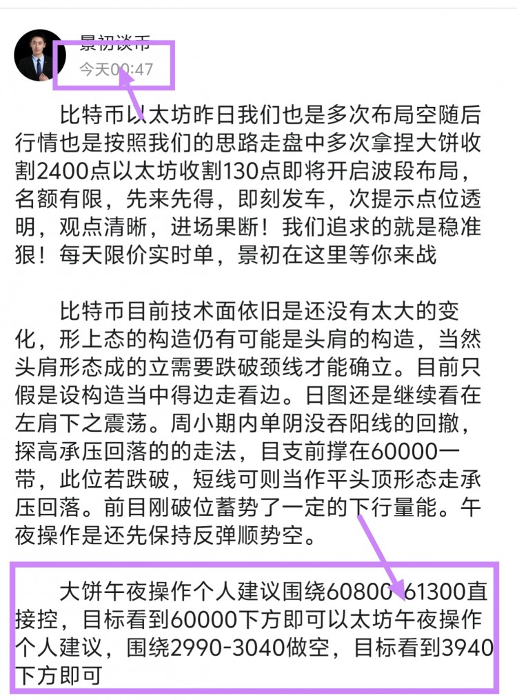 [景初談幣]比特幣4小時(shí)圖高位整理，回落至中軌，缺乏動(dòng)能。觀察世界需用赤子之心。