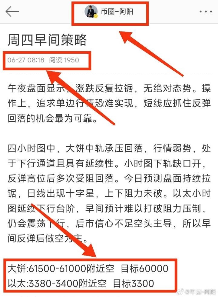 [幣圈阿陽]boll線收口運行，價格承壓下行 上漲阻力61400 下方支撐60000 一小時下跌通道